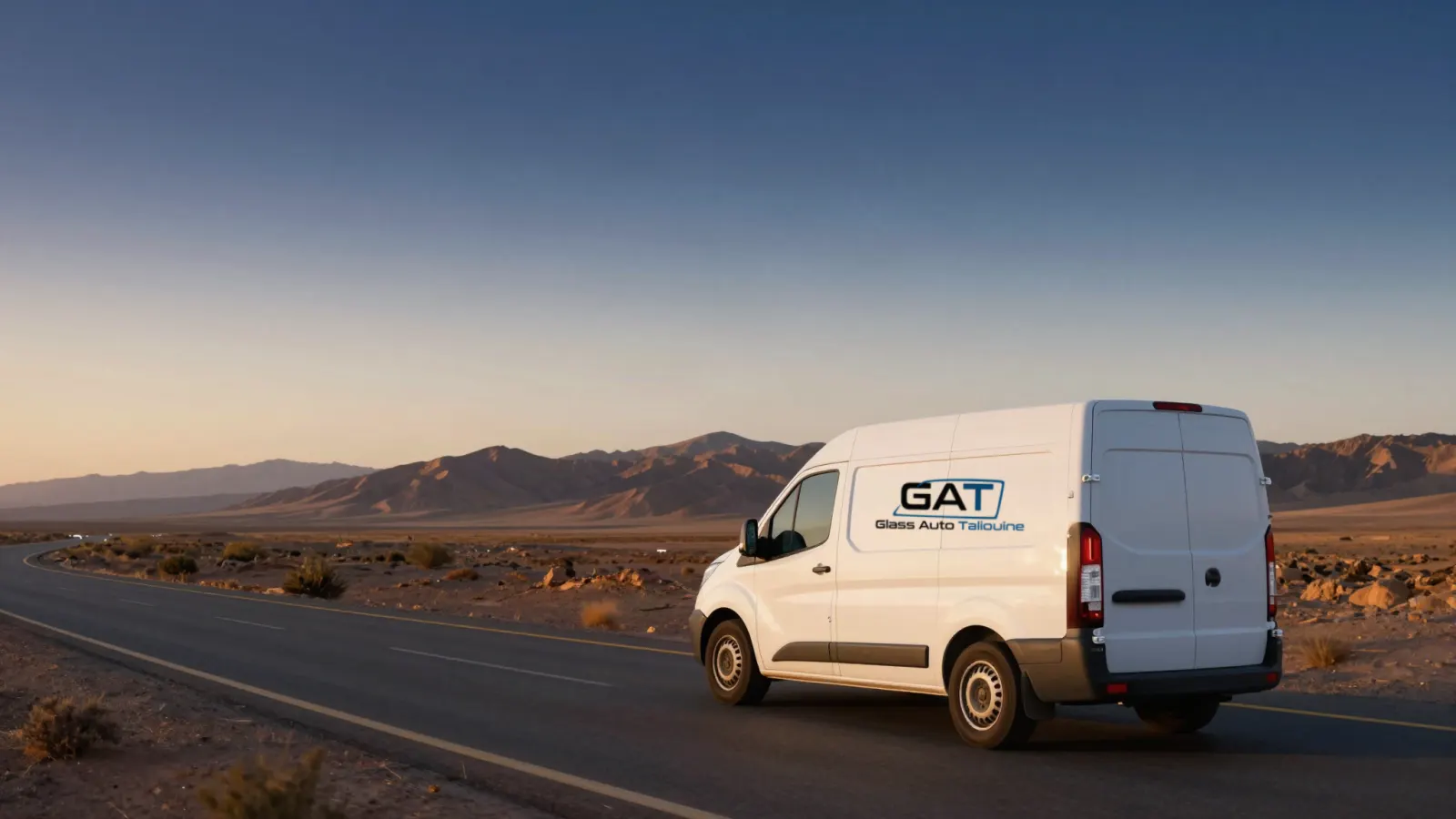 Illustration : une camionnette aux couleurs de GAT sur une route de montagne, au lever du soleil.