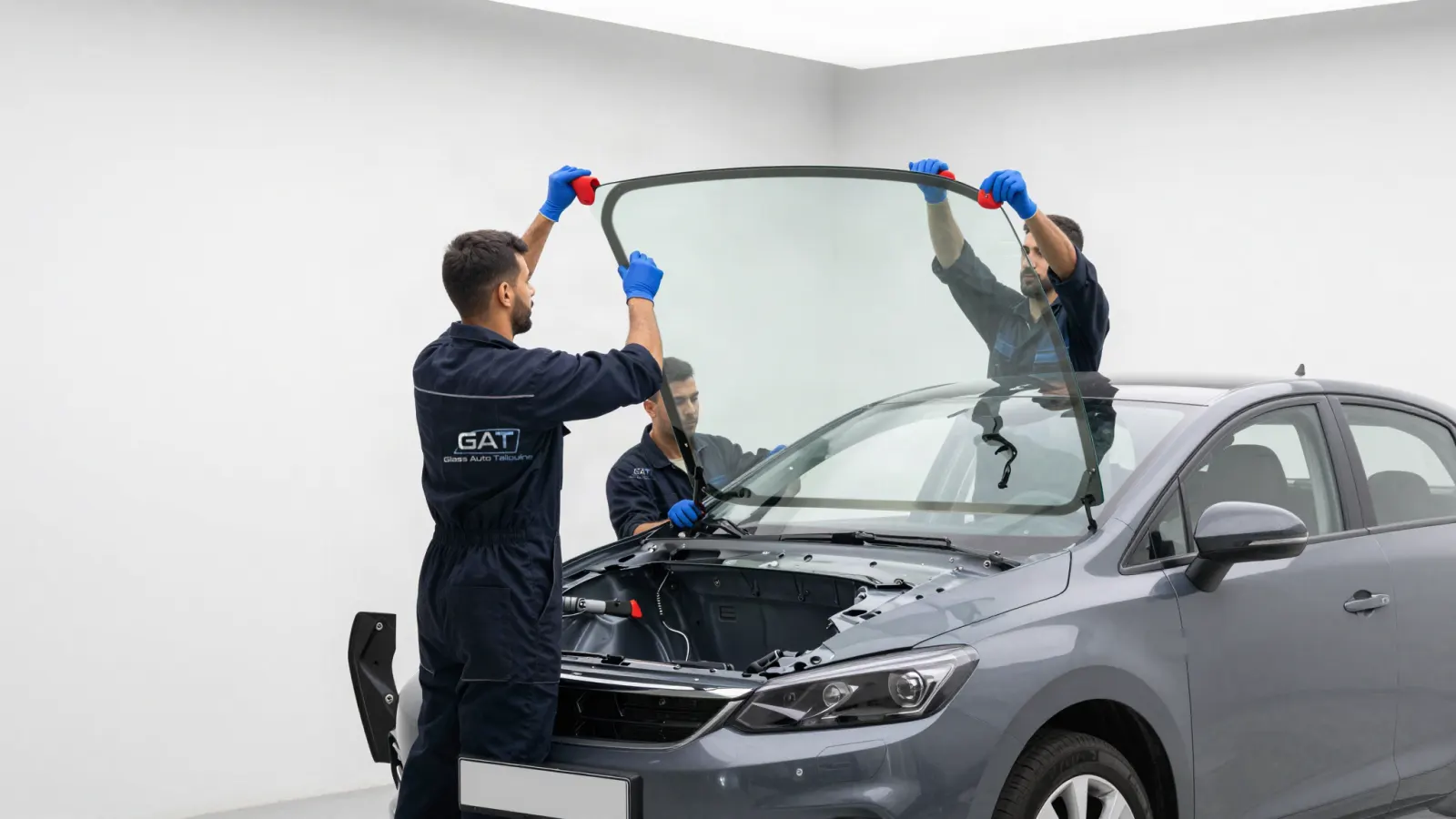 Illustration : trois techniciens en tenue aux couleurs de GAT posent un pare-brise sur une voiture.