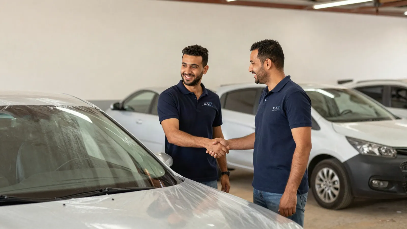 Illustration : deux hommes en polo aux couleurs de GAT se serrent la main dans un garage, à côté d’une voiture protégée par un film plastique.